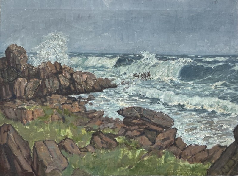 Impressionist Ewald Grauengaard 1989-1962 Rocky Coast Sea Surf Oil Painting