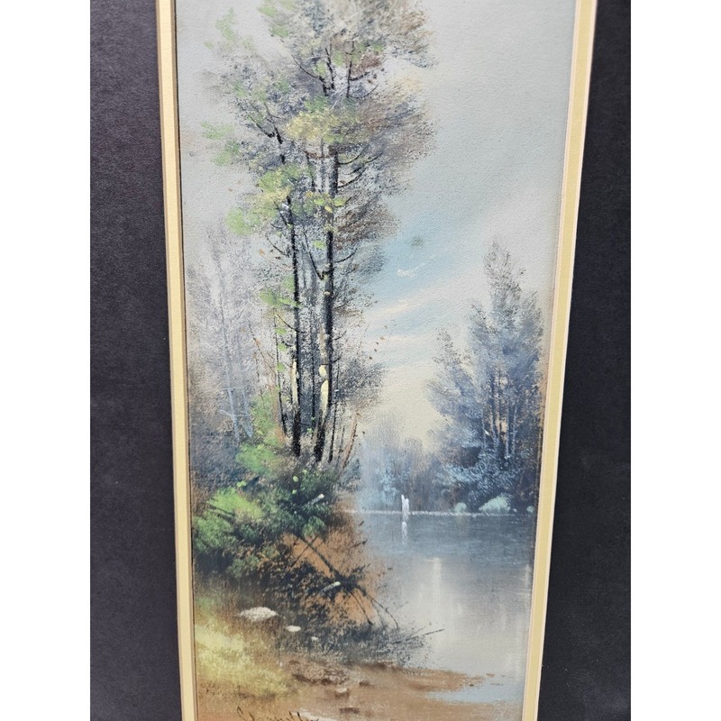 Vtg Original Landscape Hand Painted On Board Lake Forest Nature Wall Art Signed gallery