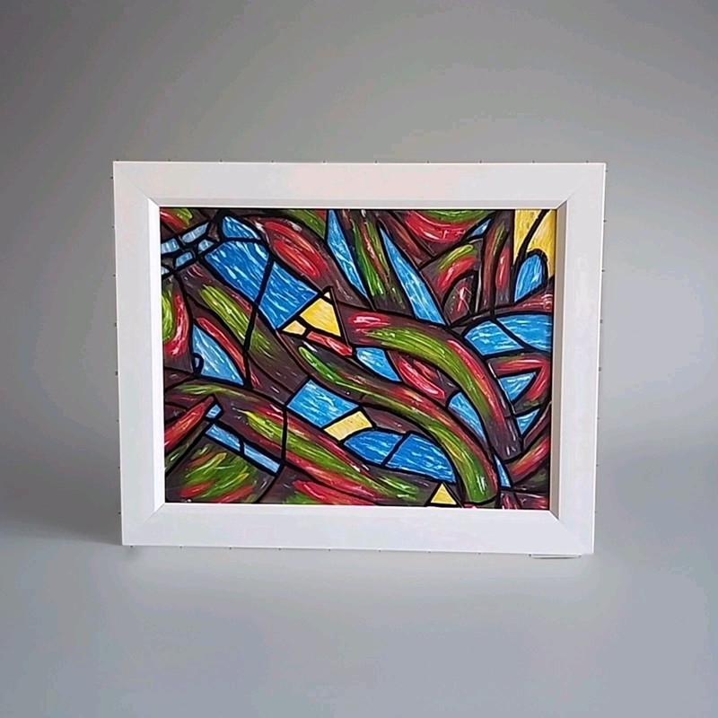 Abstract Window Painting on Canvas Signed, Framed Christmas Holiday Wall Decor