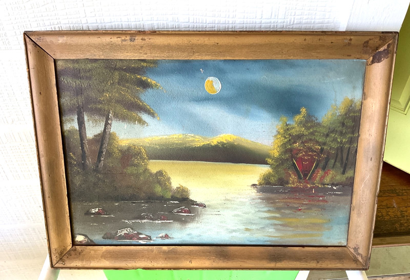 Vintage Mid Century Coastal Landscape mountain trees Oil Painting  Frame 21x15