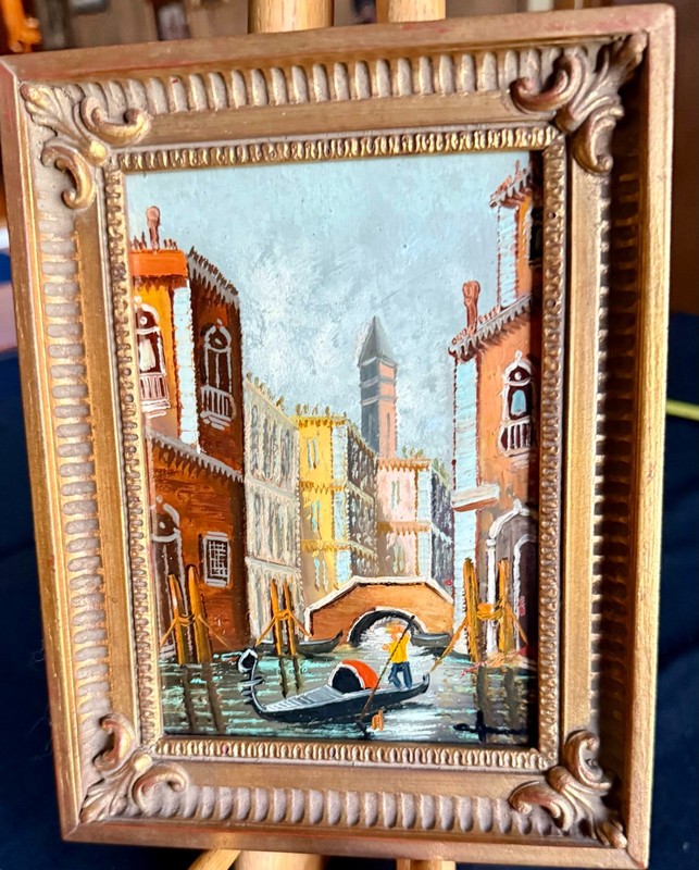 Vintage Venice Canal Oil Painting Ornate Gold Wood Frame DeVity Style MCM 9×7