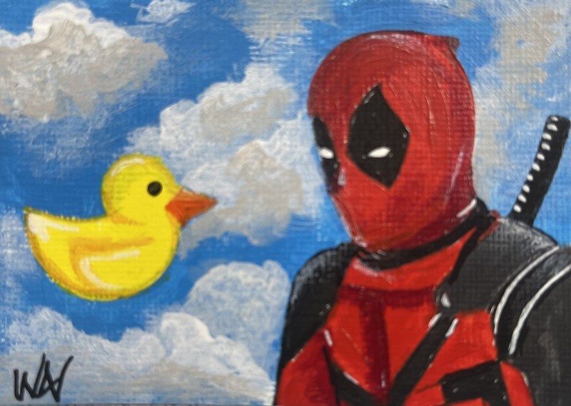 Original ACEO ATC Deadpool vs Rubber Ducky Acrylic Painting By WAV Signed,COA