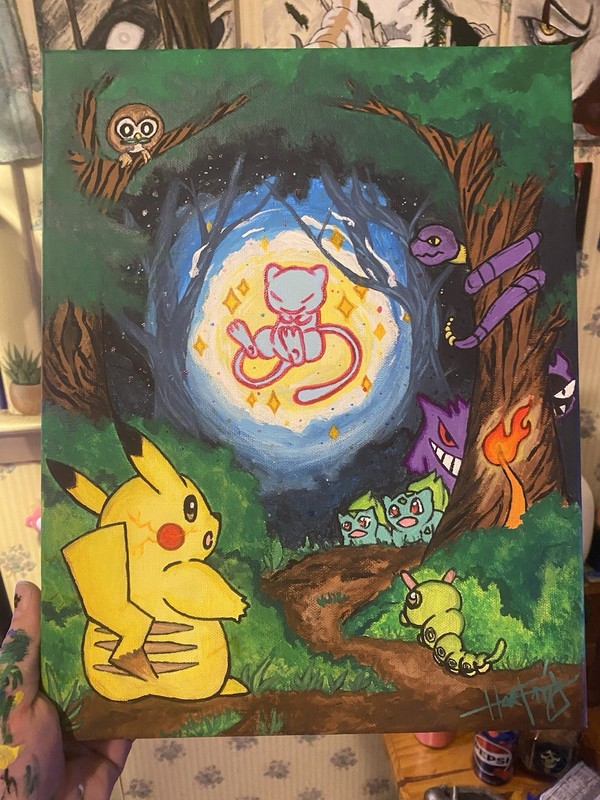 Black Light Reactive- Hand Painted Mew Painting.