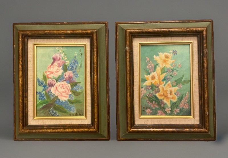 VTG 1960’s Still Life Floral Oil Paintings in Green Gold Frames 11” X 9” Set gallery