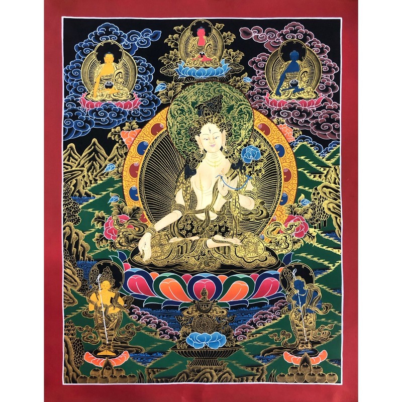 Master Quality White Tara Thangka Painting, Handmade Blessed Tibetan Wall Art