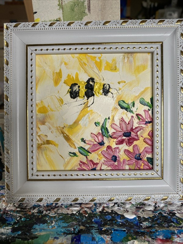 Oil painting on canvas original 4/4 Inches, Small,gift, Abstract Bee,bumblebee