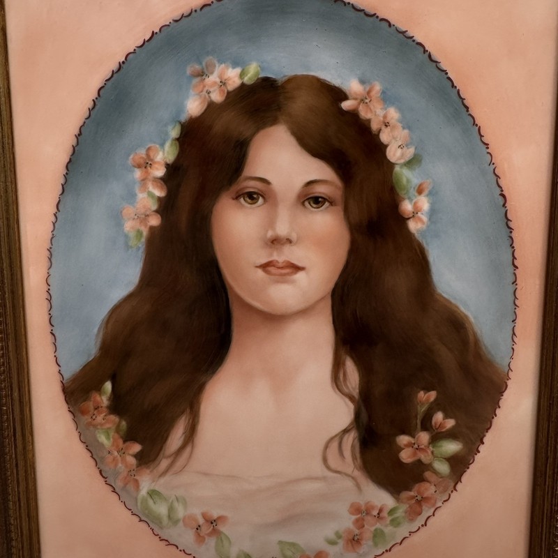 Vintage Hand Painted Porcelain Portrait Lady w/ Flowers Ornate Gold Frame Signed gallery