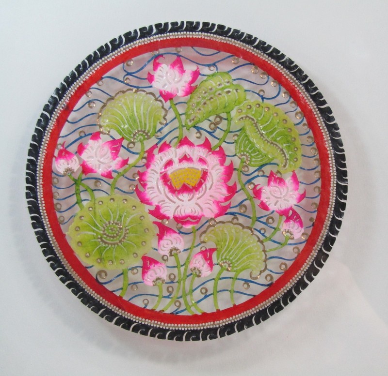 Framed Lotus Flower Painting Displayed Between Glass Vintage Art 15″x12″