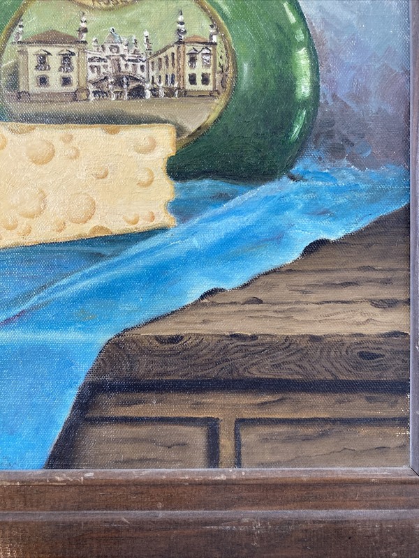 Vintage Original Oil Painting on Canvas -Still Life Wine Cheese -Signed 1980's gallery