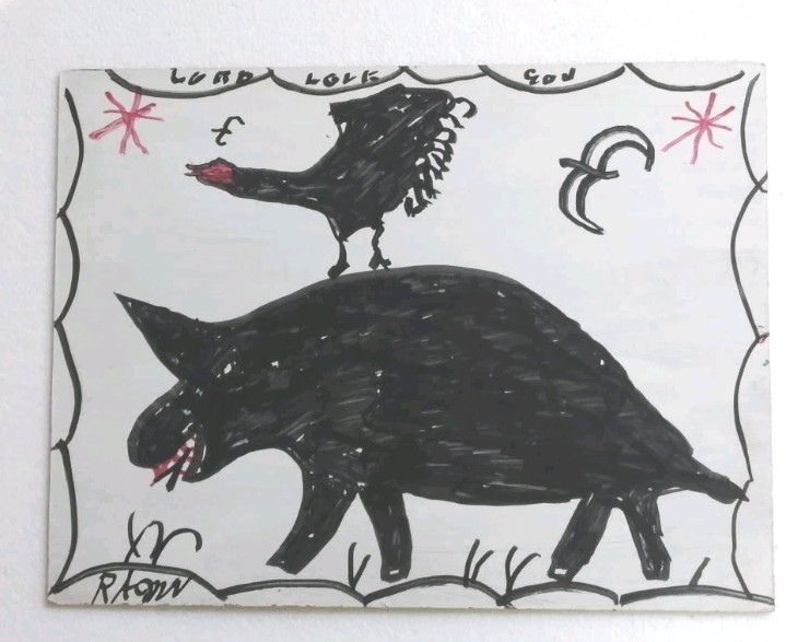 » ROOSTER on a RHINO» by R A MILLER Signed Visionary Outsider Folk Art painting.