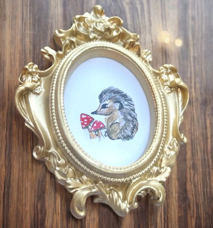 Hedgehog with Mushrooms watercolor print in mini gold ornate frame gallery