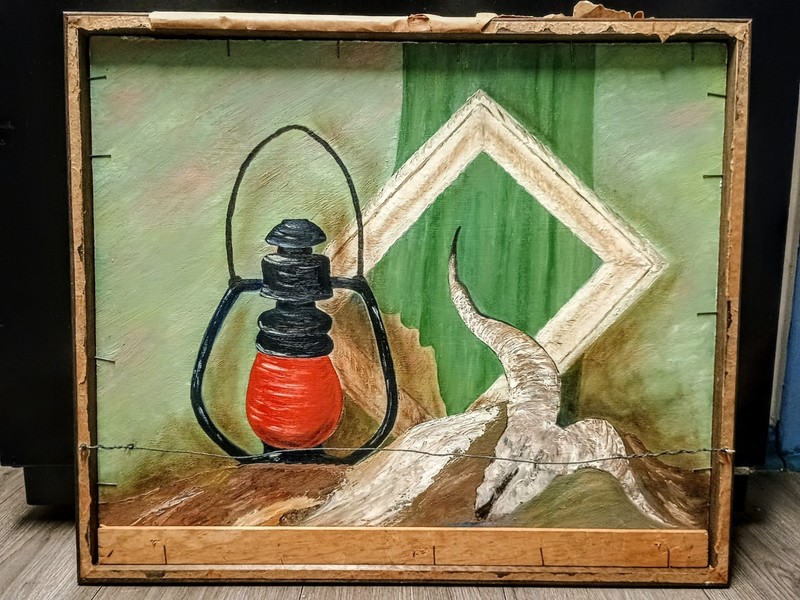 C.M. DELMORE DOUBLE SIDED OUTSIDER ABSTRACT STILL LIFE PAINTING 21X25 UNUSUAL