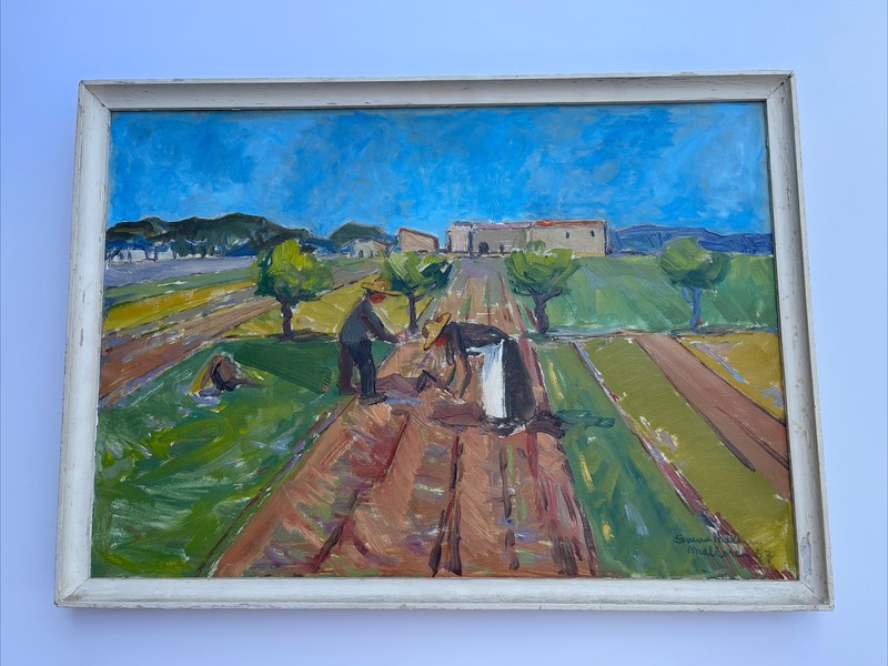 ANTIQUE Farm Farming Painting Impressionism Modernism 1950’s Mid Century Oil