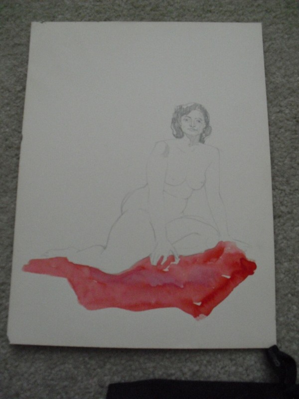Original Unsigned Watercolor and Pencil Drawing Painting Nude Woman Sitting 12×9