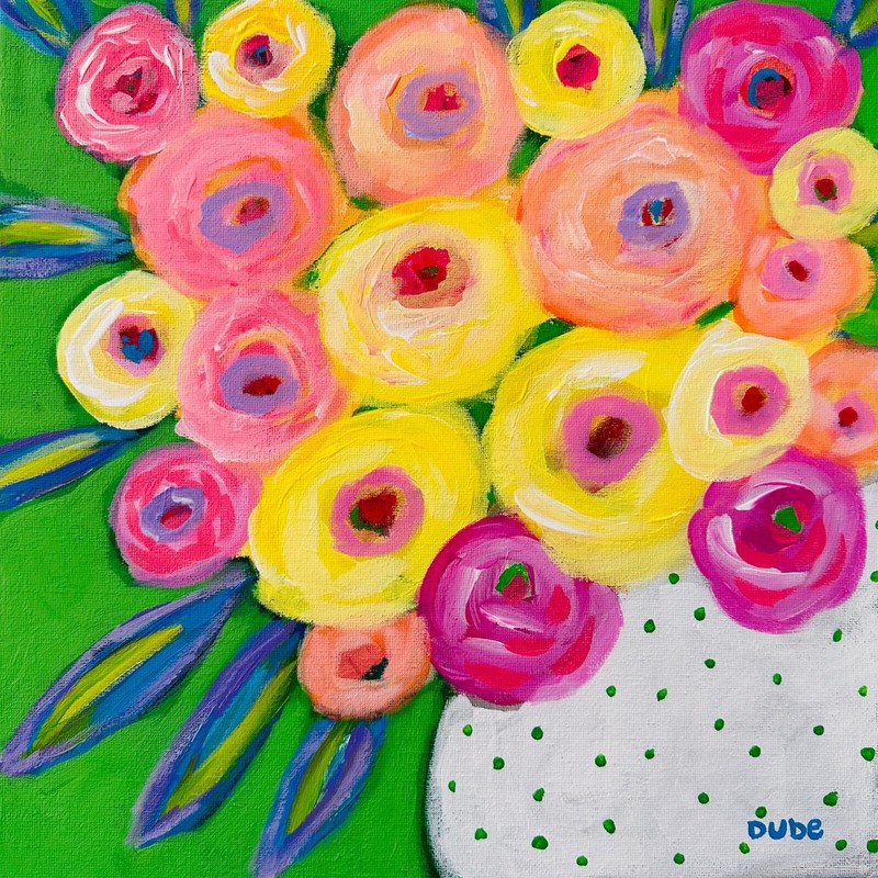 Original Painting Still Life Roses White Polka Dot Vase 12" x 12" JERI DUBE gallery