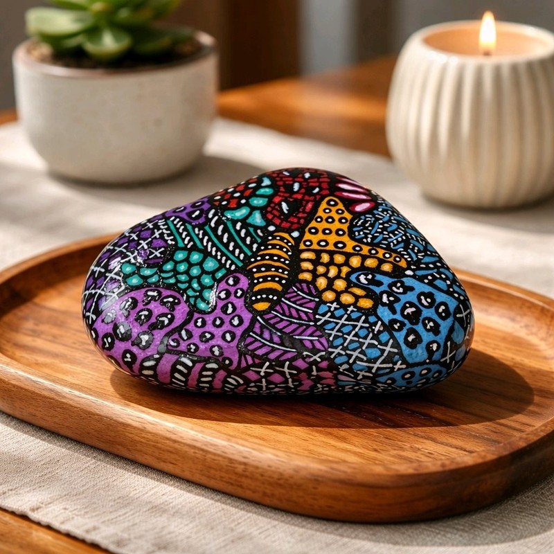 Hand Painted Abstract River Rock Comes With Acrylic Stand (#12)