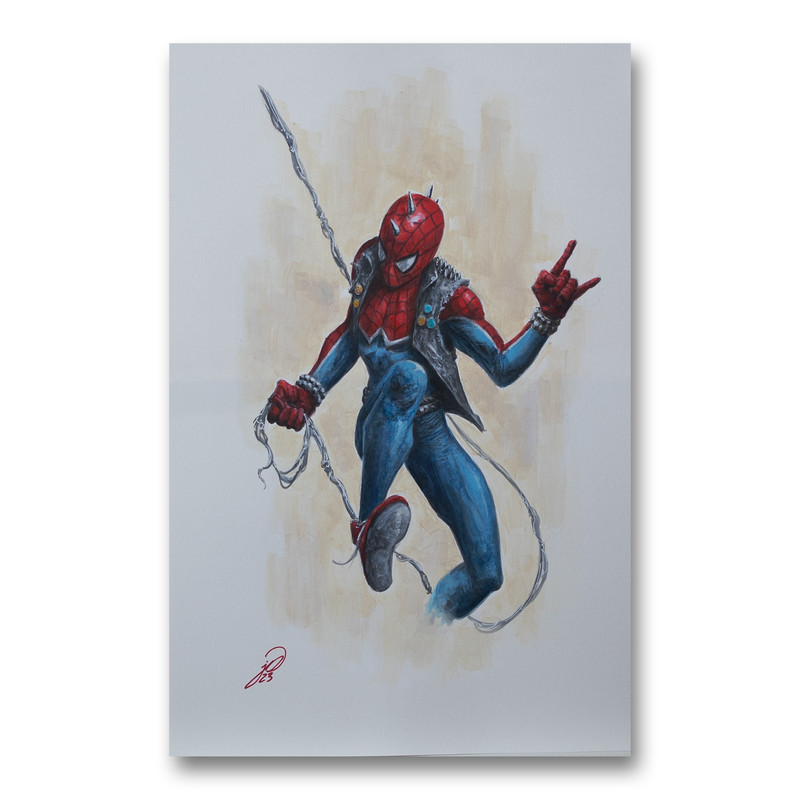 Spider-Punk by Johnny Desjardins Original Acrylic Painting (11×17) Action Pose