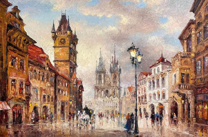 Vintage Art Original Oil painting Prague cityscape signed Classic artist artwork