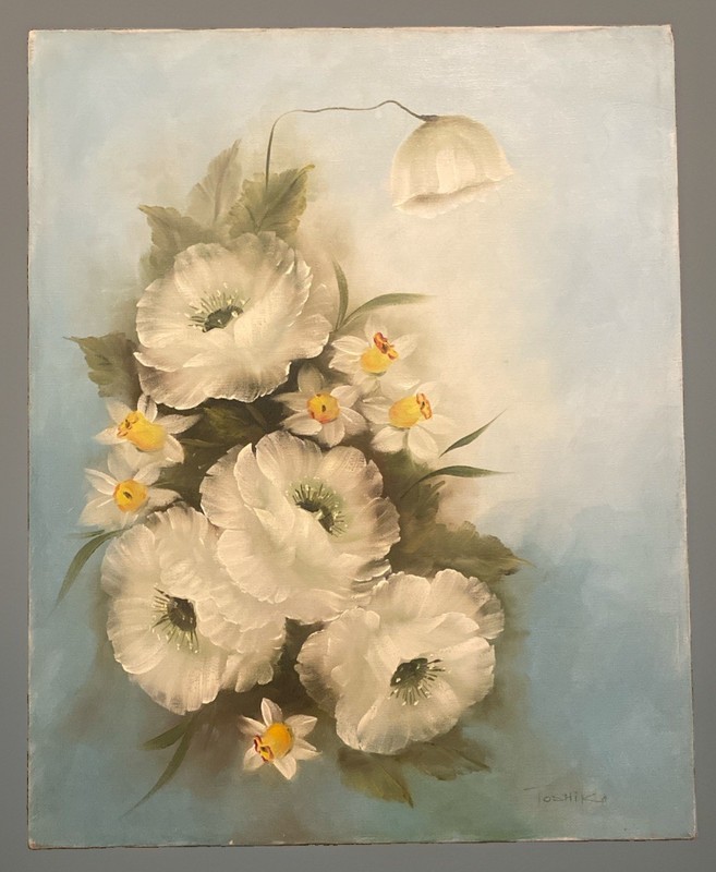 Vintage Oil Painting Floral White Peonies Flowers 20” X 16” Toshiko Free Ship! gallery