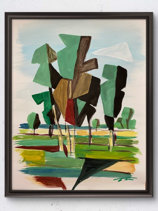 Cubist Trees Park Green Abstract Acrylic Original Art 14×11 Paper