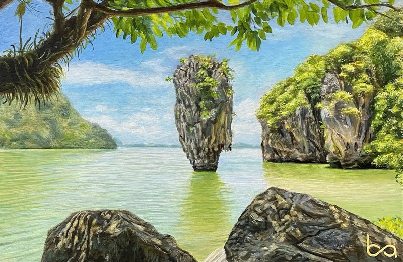 Thailand Landscape Painting Khao Phing Khan 4.75×7.25″ Acrylic Original on Wood