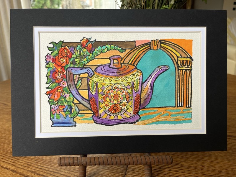 Original Handmade Vibrant Small Watercolor Painting Teapot Flowers 12”x 8”