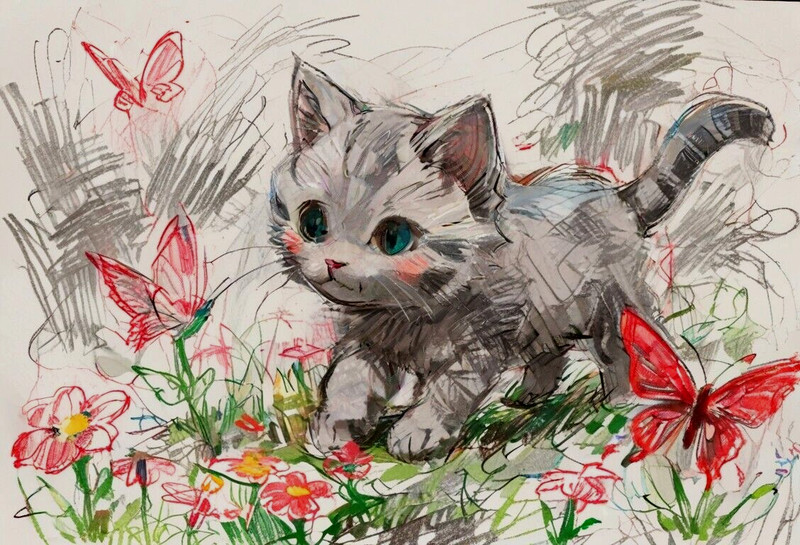 ACEO Mini *Art Print* Gray Tabby Cat Baby Kitten Red Pink Butterflies by Saulite