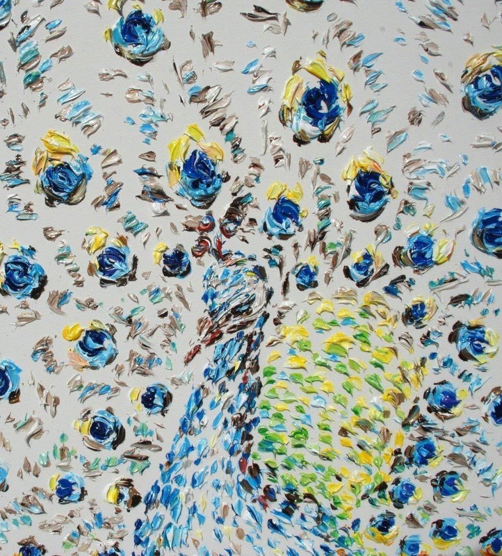 Super Luxury Peacock Painting 67" - unique animal painting by Koby Feldmos gallery