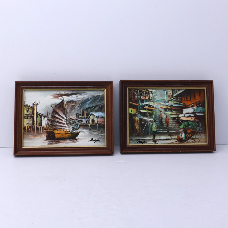 VTG Pair Mini Hong Kong Pottinger Street & Harbor Scenes Signed Oil Paintings