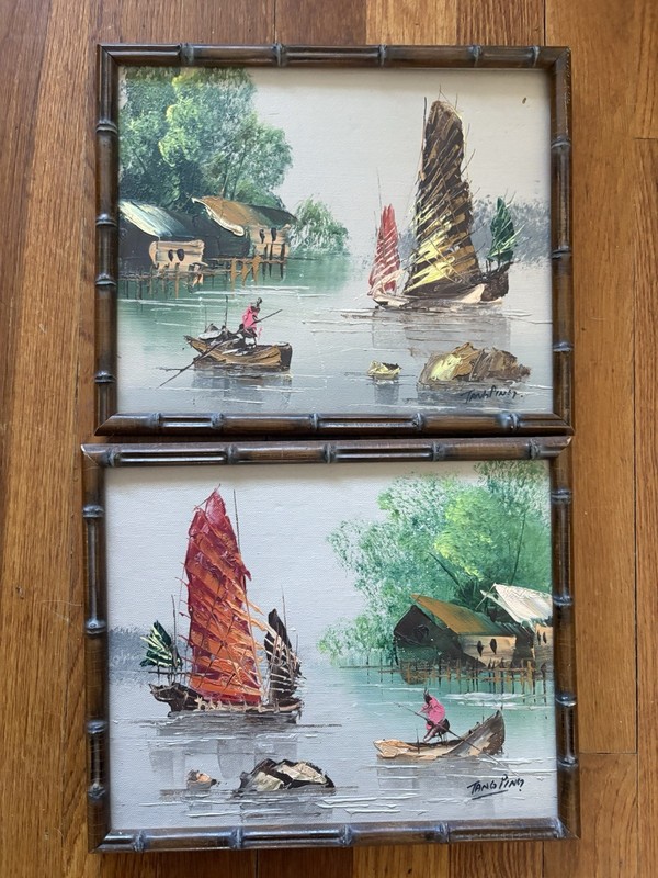 Tang Ping Signed Oil Painting Prints Pair of Pintings Boat on River Framed 11×9”