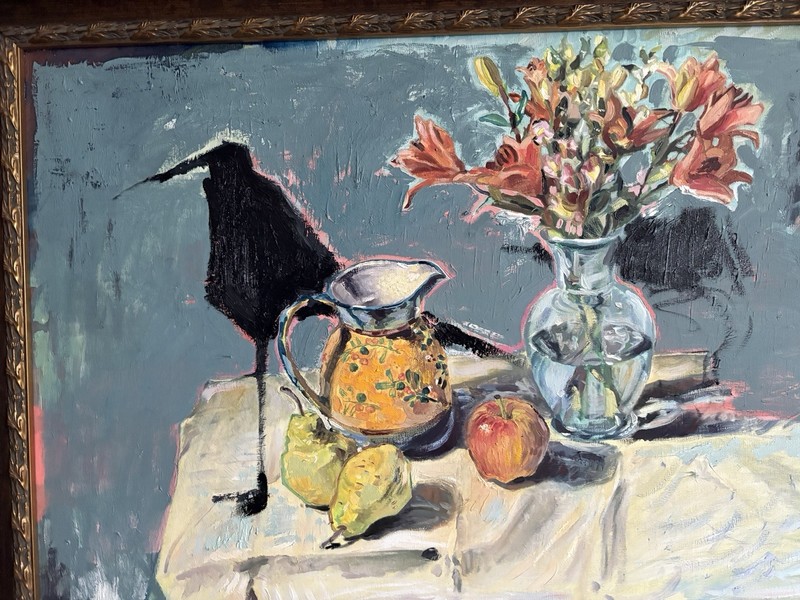 Framed Surrealist Oil Painting Still Life With Crow 18”x24” Canvas Original BVC gallery