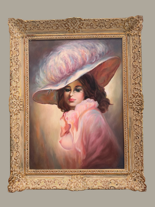 Vintage Peter Egeghy Show Girl Oil Painting Hollywood Regency Glamour Portrait