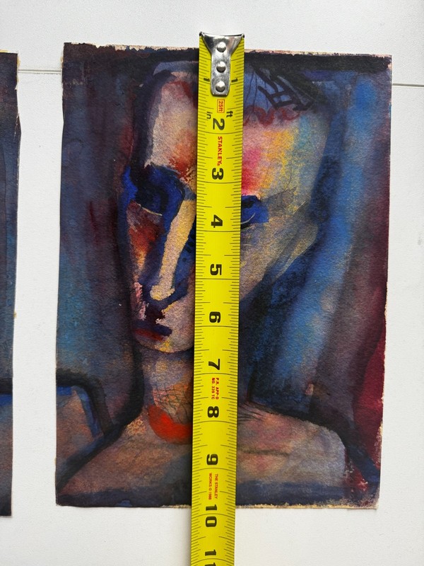 Pair (2) Vintage 1920s German Expressionist Watercolor Portraits Man Woman 7x10 gallery