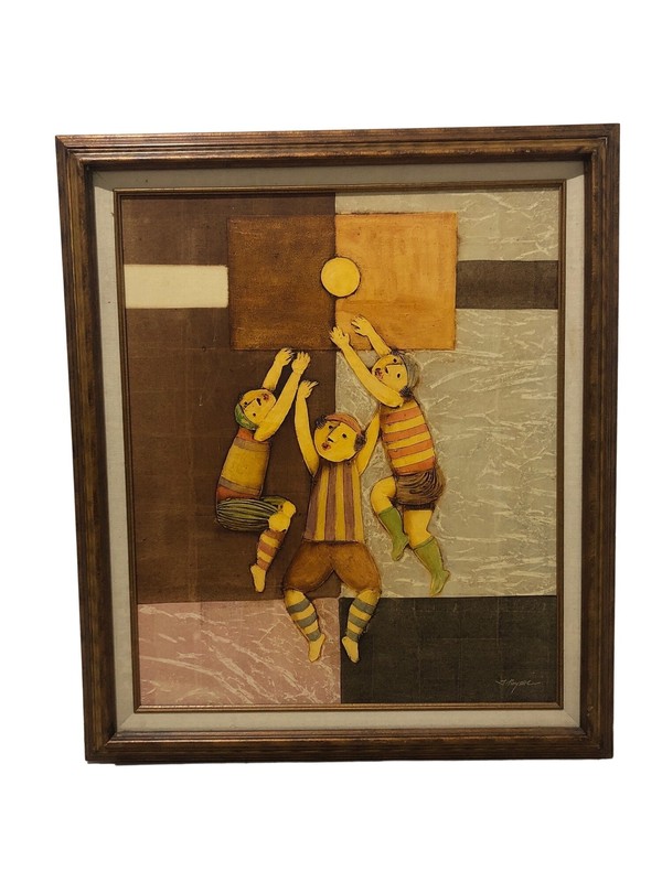 Vintage Painting Playing Basketball Signed J. Roybal