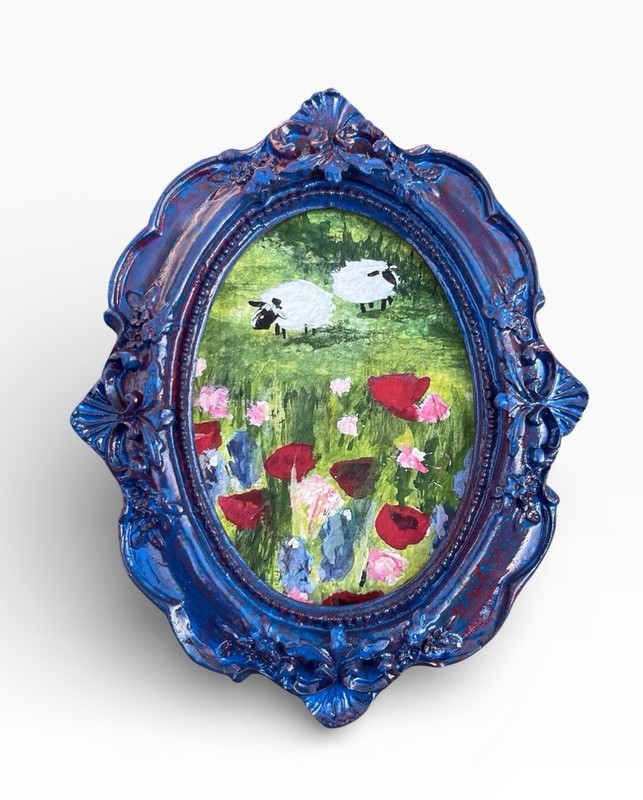 Sheep floral meadow landscape Giclee fine art print in mini vintage style frame