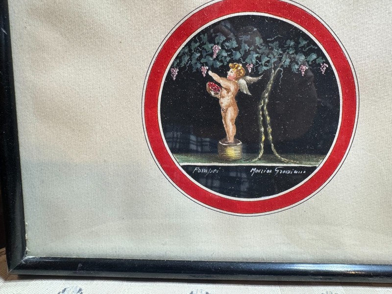 Signed Pompei Putto Cherub Grape Harvest Gouache Miniature Framed Italy 9.75 x 7 gallery