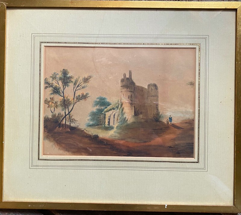 ::WATERCOLOR ROMANTIC CASTLE WITH PEOPLE AND TREES IN BIEDERMEIER STYLE