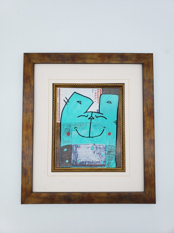 Cat art original framed Acrylic Painting by Outsider Street artist PUKE