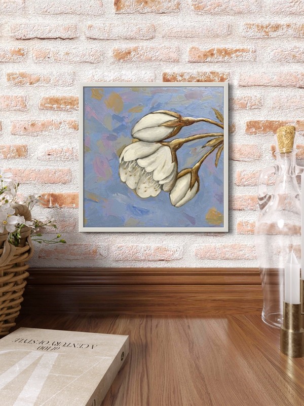 Original Botanical Cherry Blossom Painting Oil on Canvas Floral 10x10 Blue CV 4 gallery