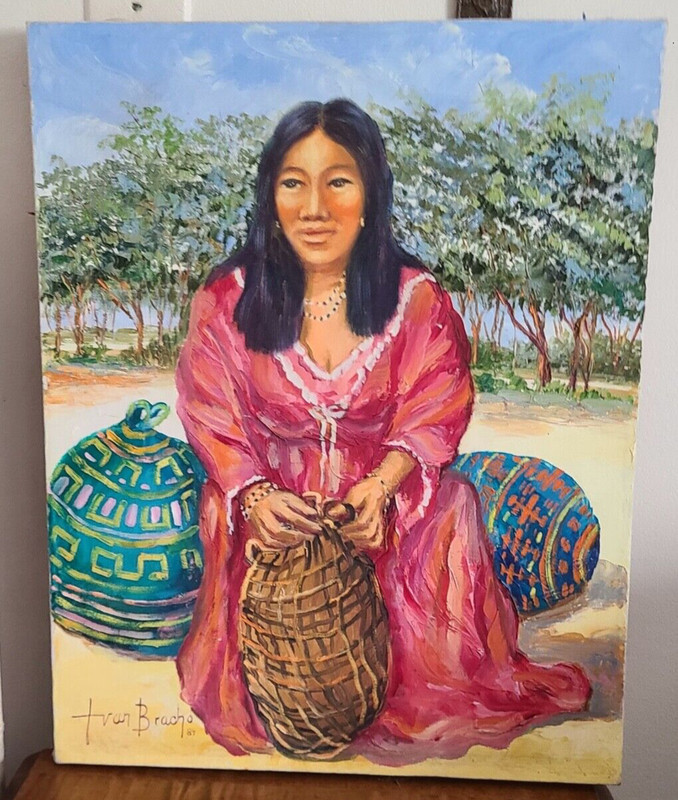 Vintage Bracho Sitting Native Woman Sitting with Clay Pots Painting dated 1989