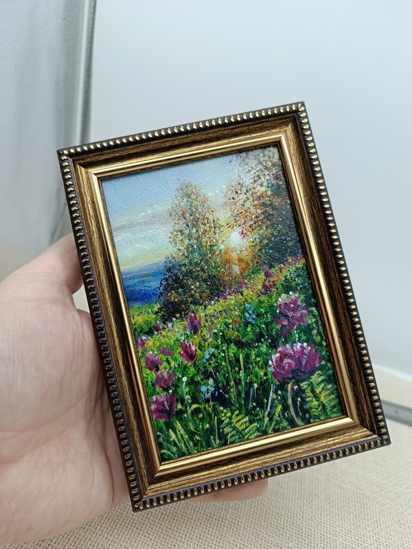 Clover Original Oil Painting 4x6 Framed Signed Purple Flower Meadow Garden Art gallery