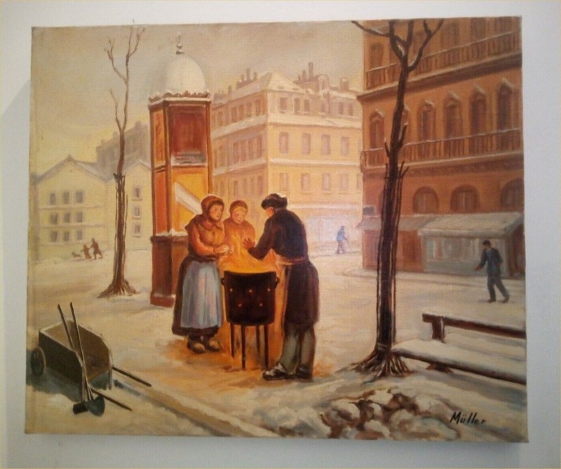 19th signed Müller oil on Canvas 21,5 x 18 inch antique Top Wintertime . . . .