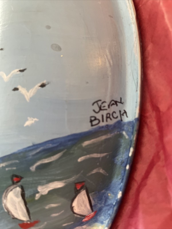 Hand painted oil by Jean Birch 10”Metal pan Cape Cod Scene Lighthouse Beach Boat gallery