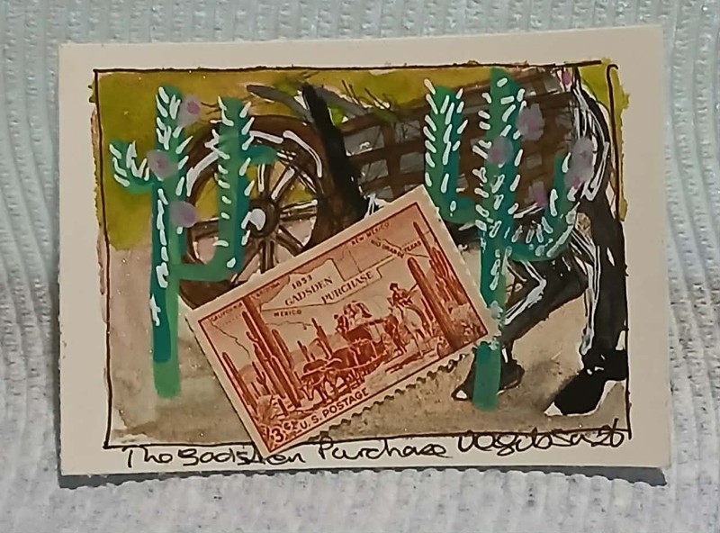 3¢ Gadsden Purchase Postal Whimsy OOAK ACEO Watercolor Desert by Virginia