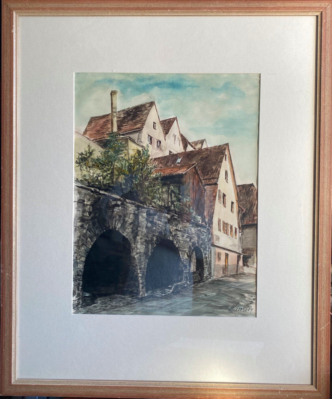 :: Watercolour SIGN.LARGE 1984 OLD TOWN HOUSES WITH BRIDGE AND ARCH