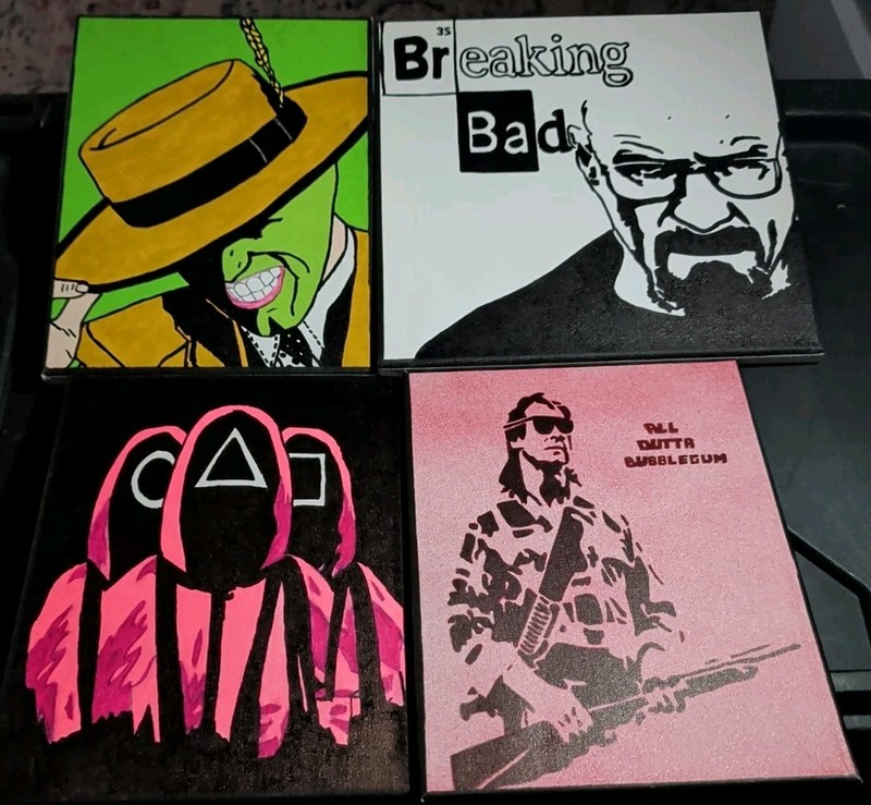 Lot Of 4 – Custom 9″x12″ Canvas Pop Culture Artwork – Squid Game, Breaking Bad