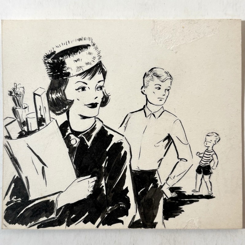Vintage 1950’s Housewife Groceries & Boys Original MCM Concept Art Illustration