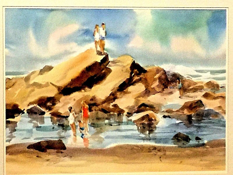 VINTAGE HUGE WATERCOLOR PAINTING «SUMER DAY» BY B.J.FRANKILIN GOOD FRAMED 29×36″