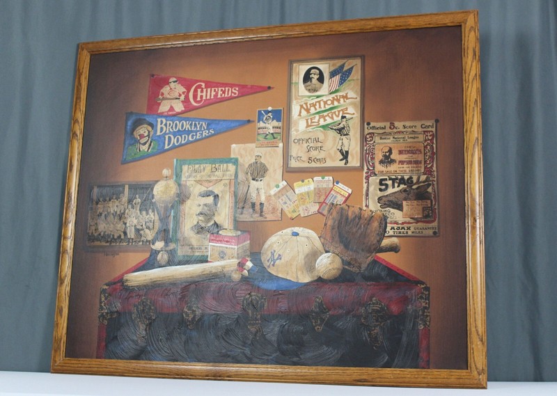 47" Folk art style painting of vintage Baseball, signed Huntington, Lou Gehrig gallery