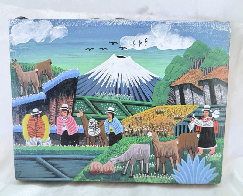 Vintage Folk Art Painting on Sheepskin Leather Tigua Ecuador gallery